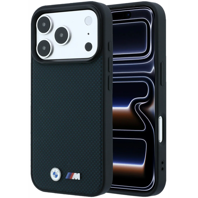 CG Mobile BMW iPhone 18 Pro Max - 17 Pro Max Navy — BMW MagSafe PU Kevlar Tire Tracks Stripes Hard Case With Metal Logo