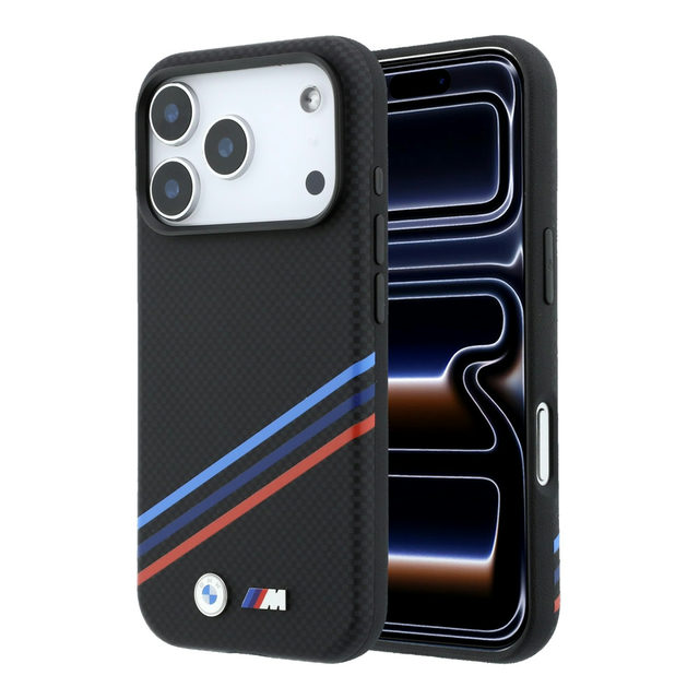 CG Mobile BMW iPhone 18 Pro Max - 17 Pro Max Black — BMW MagSafe PU Kevlar Tricolor Lines Hard Case With Metal Logo
