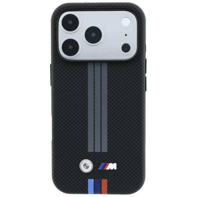 CG Mobile BMW iPhone 18 Pro - 17 Pro Black — BMW MagSafe PU Kevlar Tire Tracks Stripes Hard Case With Metal Logo
